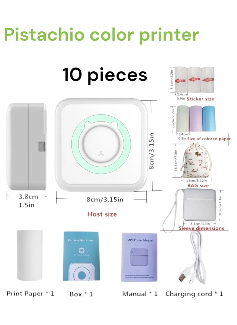 Generic 10 Piece Set Consisting Of A Portable Thermal Printer A Silicone Protective Case A Wristband A Cloth Bag 3 Rolls Of Colored Thermal Paper And 3 Rolls Of White Thermal Paper It Is A Small Wireless Ink Free Ink Free Rechargeable Portable Smart Thermal Photo Printer That Works On Smartphones Tablets And Laptops To Print Your Photos Or Stickers Such As Printing The Names Of The Invitees On Invitation Cards Or Printing Barcodes Or Your Notes Or A Thank You Card It Is Easy And Versatile To Use And Can Be Carried In The Pocket The Color Of The Image Is Black And White Not Colored And The Special Paper For The Printer Is Thermal Paper (There Is Adhesive Paper Or Transparent Adhesive Paper Or Colored Thermal Paper Sold Separately Not Included With The Printer) The Color Of The Printer Is Pistachio  - Image 2
