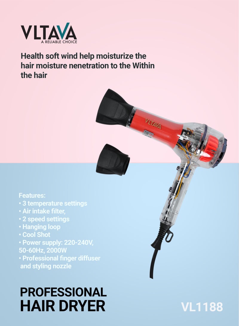 Vltava 2000W Professional Hair Dryer with Diffuser & Cool Shot – 3 Heat Settings, 2 Speed Modes - Image 3