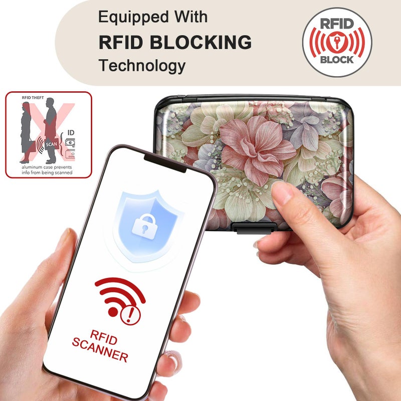 ELFISH Mini RFID Aluminum Wallet Credit Cards Holder Business Card Case Metal ID Case for Men Womenï¼ˆHappy Flower - Image 2