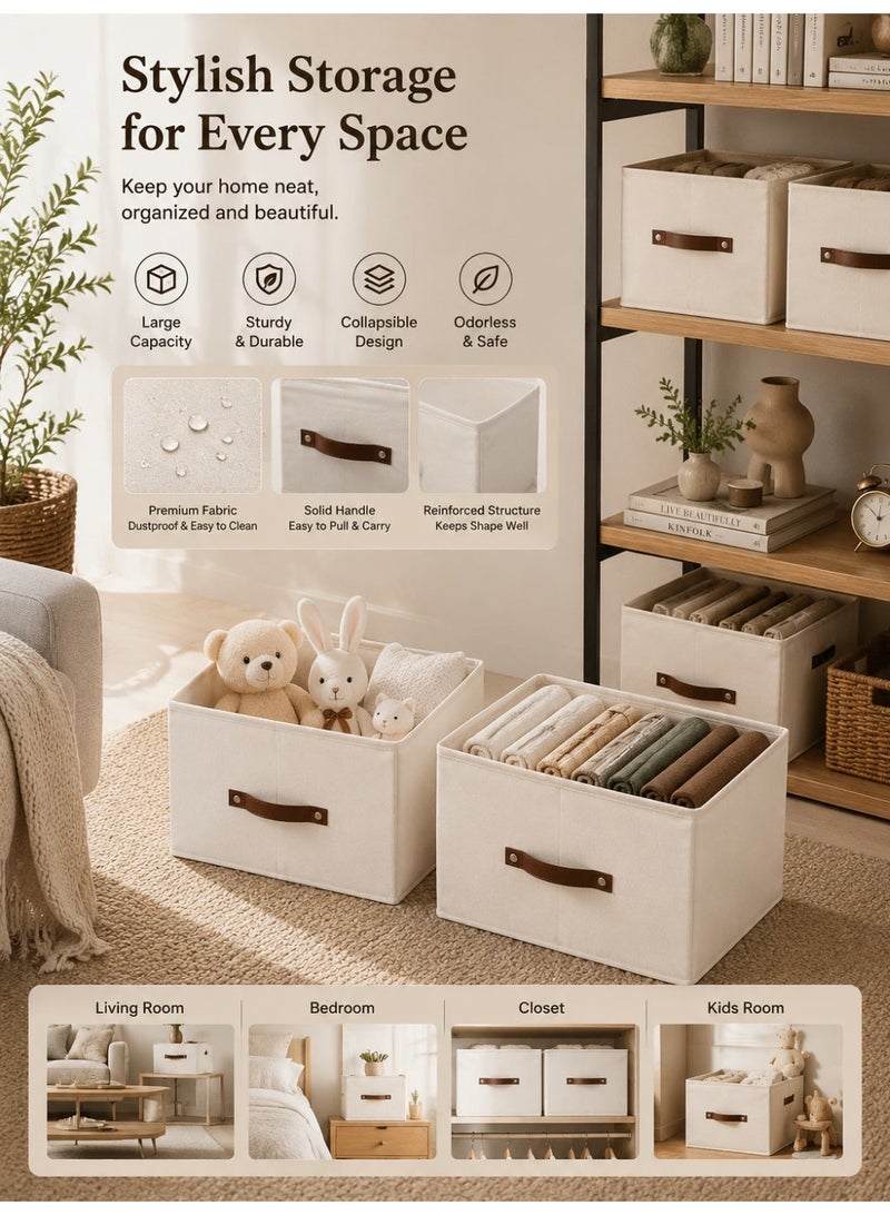 SOTEN 4-Pack Collapsible Storage Bins with Leather Handles, Foldable Fabric Storage Cubes for Closet Shelves, Large Capacity Storage Boxes for Clothes Toys Towels Bedroom Living Room Nursery Organization - Image 4