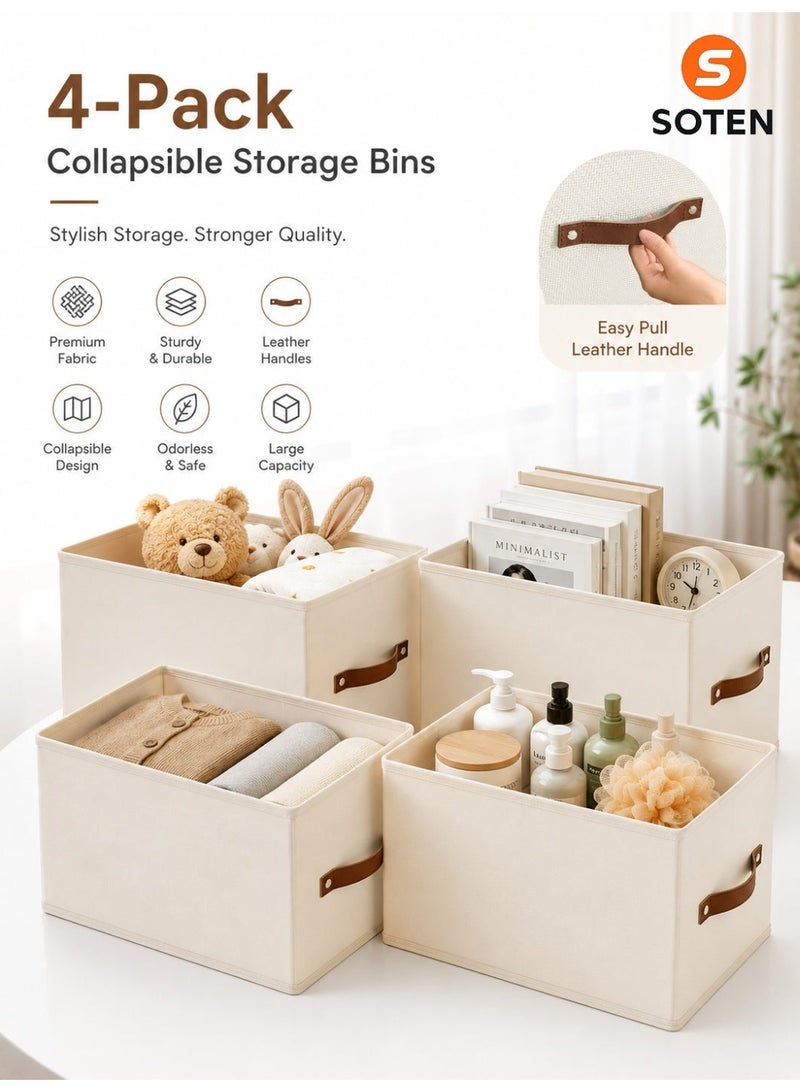 SOTEN 4-Pack Collapsible Storage Bins with Leather Handles, Foldable Fabric Storage Cubes for Closet Shelves, Large Capacity Storage Boxes for Clothes Toys Towels Bedroom Living Room Nursery Organization - Image 1