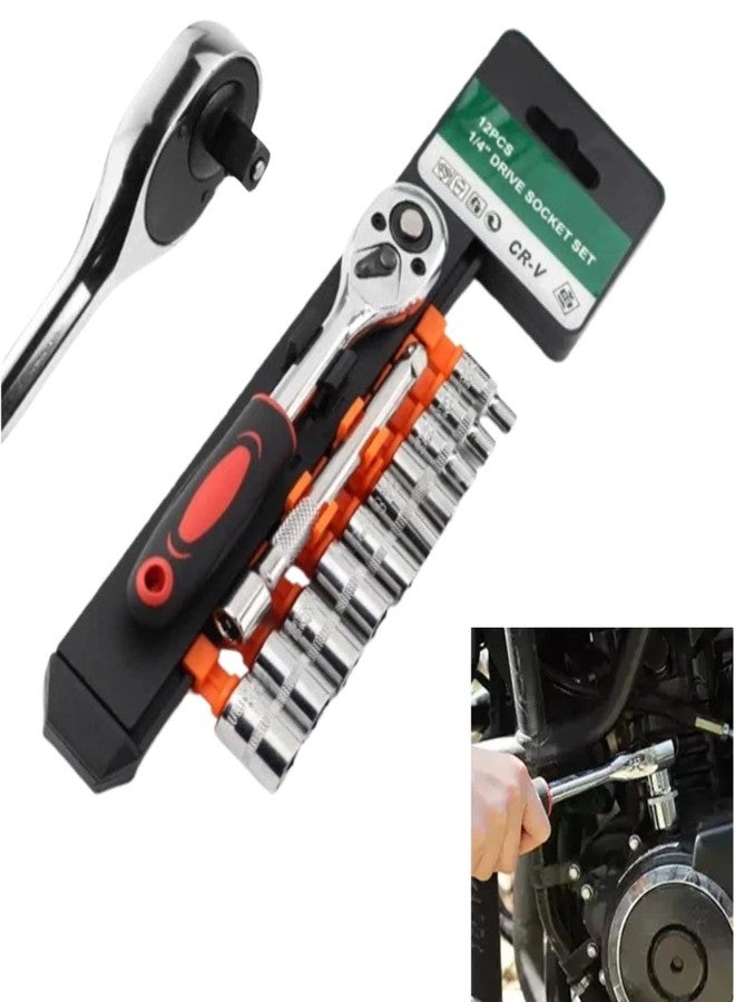 DOUSHI 1/4 inch Heavy Duty Socket Set | 12 Piece Hand Tool Set | Sturdy Galvanized Steel | Ergonomic Soft Grip Handle | Suitable for Home, Automotive and Motorcycle Repair Use (1/4 Inch) - Image 1