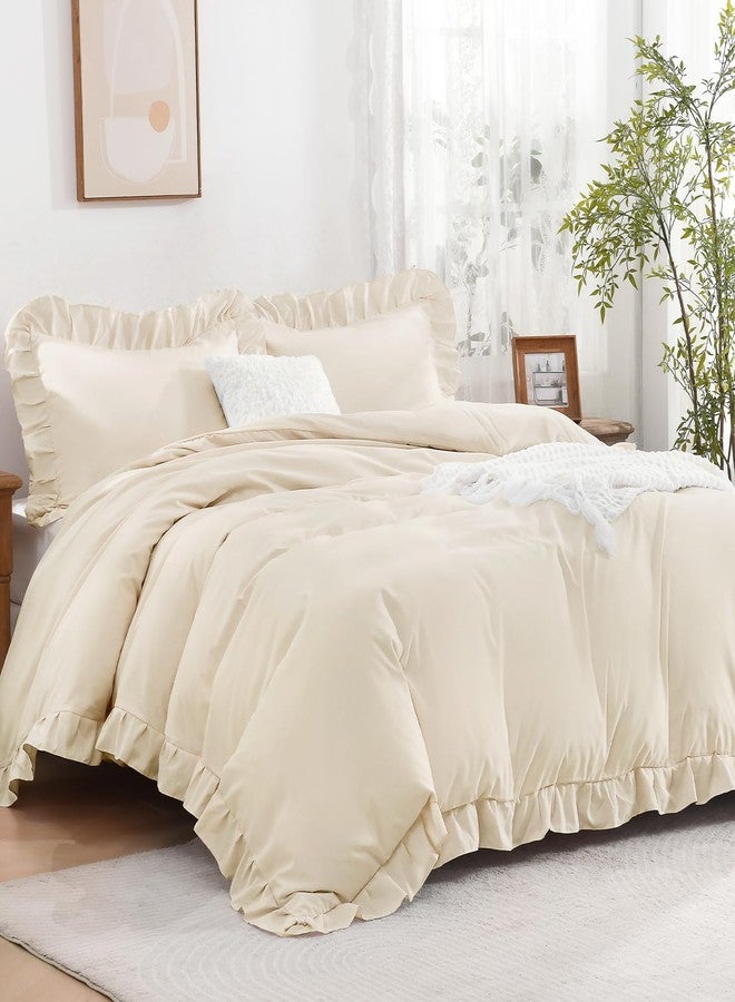 Andency Beige Ruffle Duvet Cover Twin(66x90Inch), 2 Pieces Ruffled Farmhouse Shabby Chic Duvet Cover for Girls Kids Women, Soft Polyester Duvet Cover Set with Zipper Closure & Corner Ties - Image 1