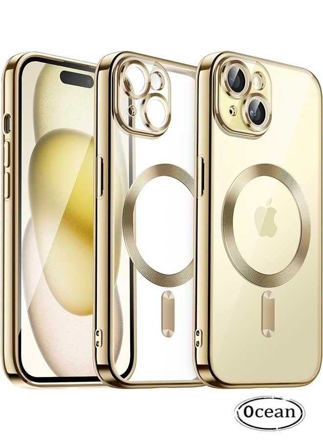 JS Electroplated Case for iPhone 15 6.7-Inch, Camera Lens Full Protection, Compatible with MagSafe Wireless Charging, Shockproof Soft TPU Dust-Proof Slim Phone iPhone 15 Cover (Gold/Clear) - Image 1
