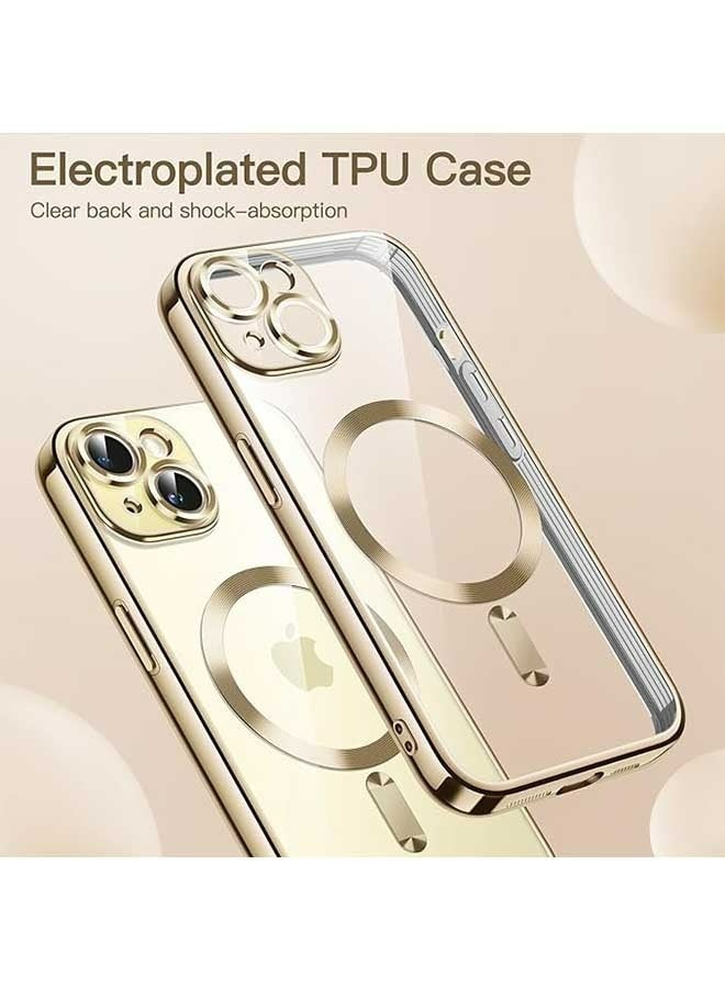 JS Electroplated Case for iPhone 15 6.7-Inch, Camera Lens Full Protection, Compatible with MagSafe Wireless Charging, Shockproof Soft TPU Dust-Proof Slim Phone iPhone 15 Cover (Gold/Clear) - Image 2