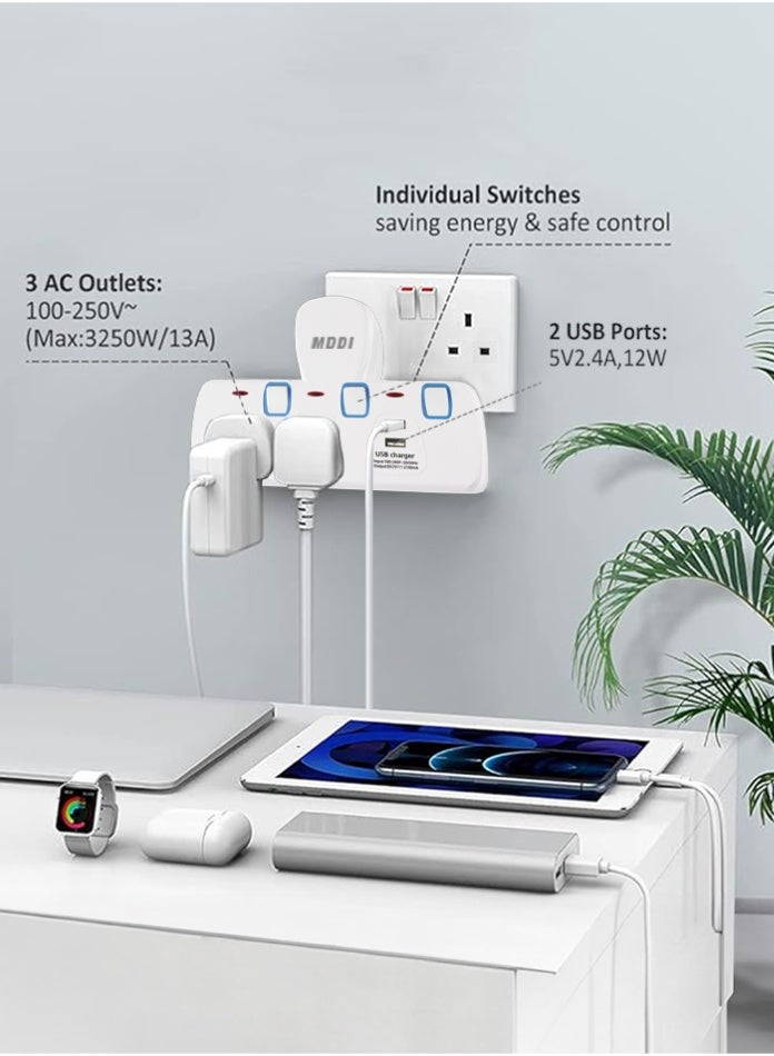 MODI Universal Multi Plug Extension Socket Adapter 2USB + 2 Outlets Wall Charger UK 3-Pin with Safety Shutters & 13A Fuse - Image 3