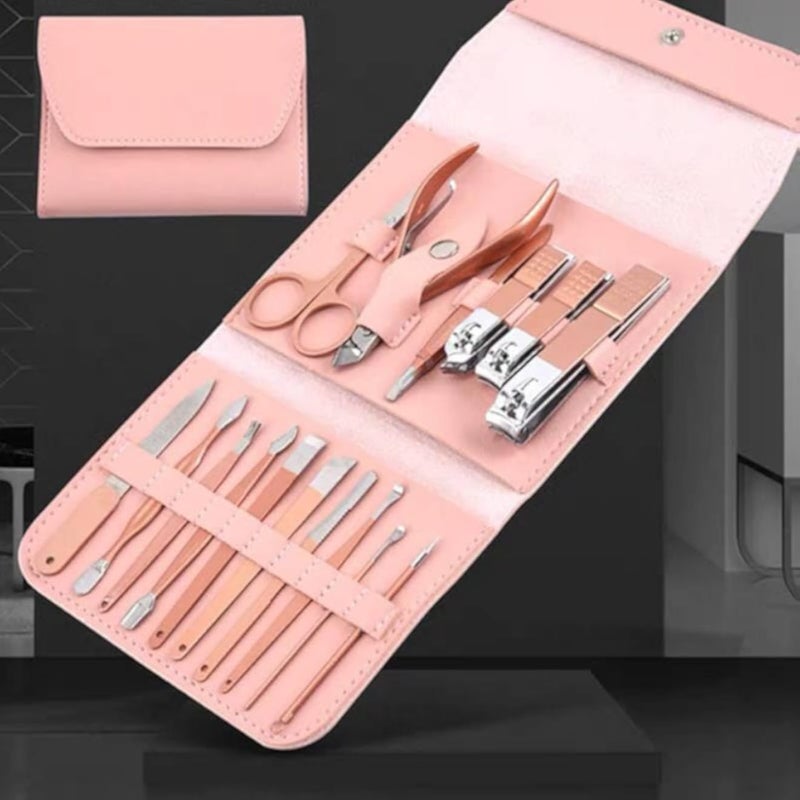 16 Pieces Manicure Pedicure Kit with Leather Case, Scissors, Nail Clippers, Nail File