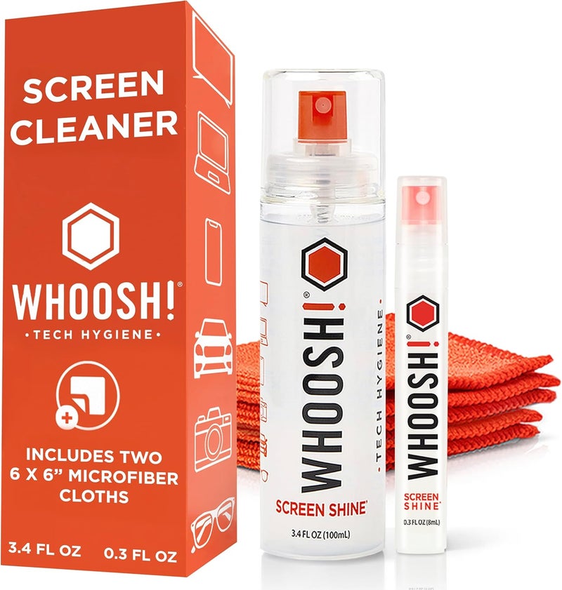 WHOOSH! ! ديو شاشة اللمعان - رذاذ منظف الشاشة لجهاز iPad، الشاشة، اللابتوب، ماك بوك - زجاجات 3.4 أونصة و 0.3 أونصة مع 2 قطعة قماش ميكروفايبر - مجموعة تنظيف إلكترونية محمولة للسفر، المكتب، والمنزل - Image 1