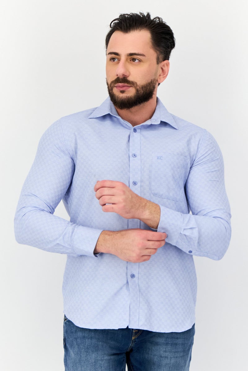 Kenneth Cole Men Regular Fit Long Sleeve Embroidered Logo Casual Shirt, Light Blue - Image 1