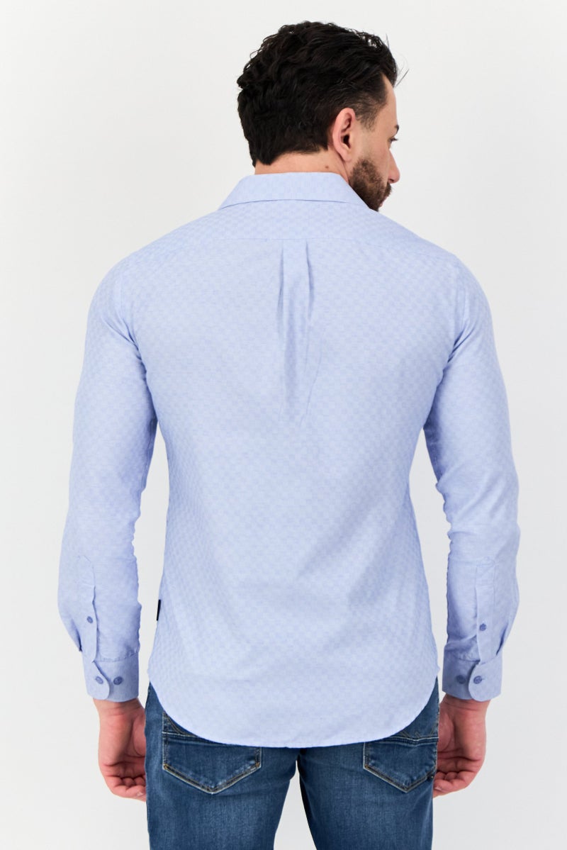 Kenneth Cole Men Regular Fit Long Sleeve Embroidered Logo Casual Shirt, Light Blue - Image 3