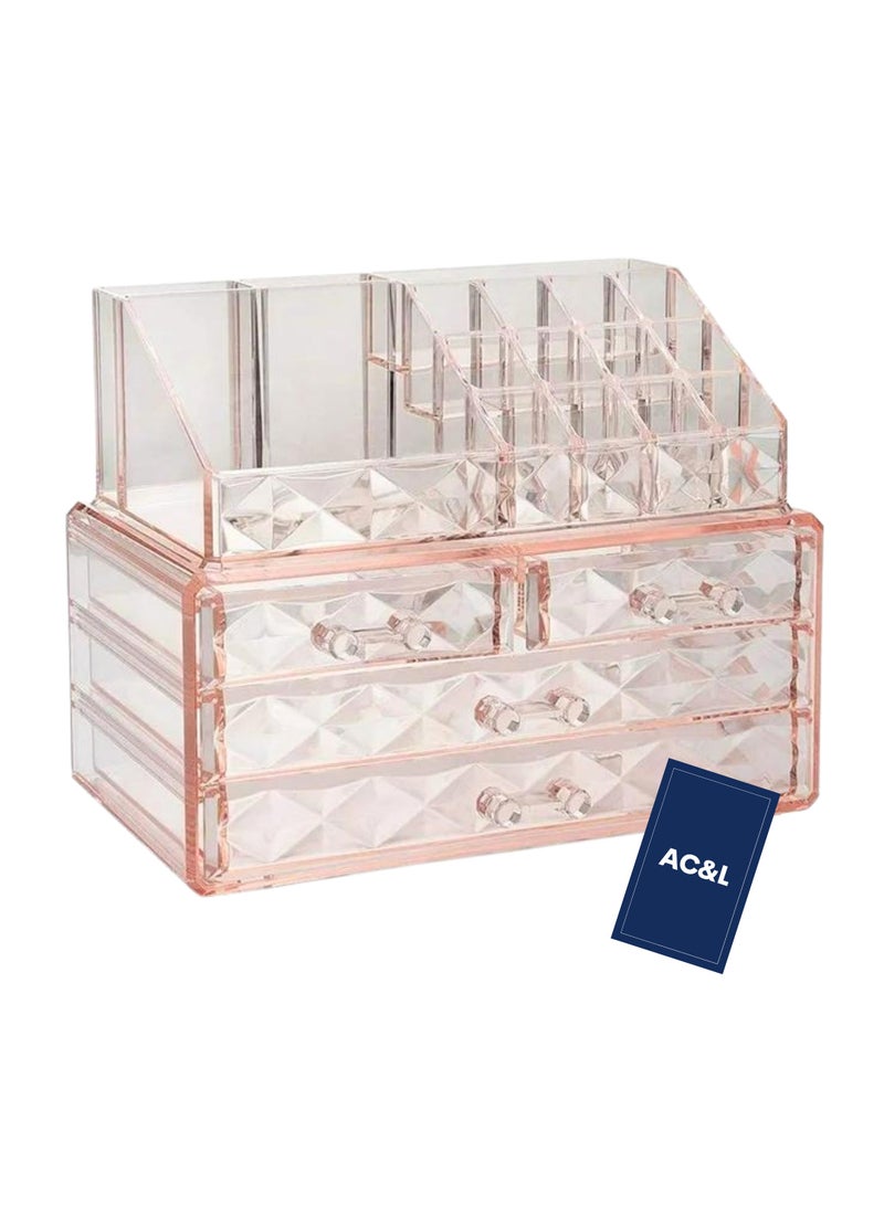 AC&L Makeup Organizer, Cosmetic Storage Display Box With 4 Drawers For Make Up, Brushes, Perfumes, Skincare, Acrylic Organizer Ideal For Vanity (Pink) - Image 1