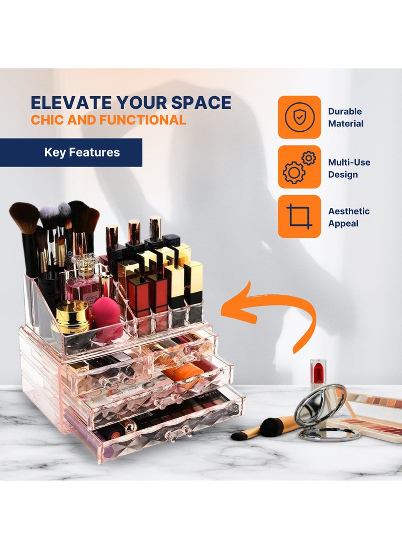 AC&L Makeup Organizer, Cosmetic Storage Display Box With 4 Drawers For Make Up, Brushes, Perfumes, Skincare, Acrylic Organizer Ideal For Vanity (Pink) - Image 3