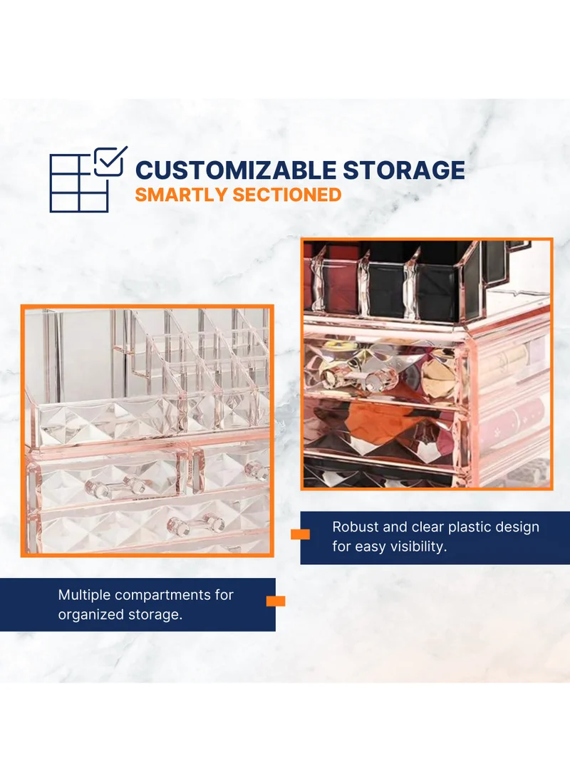 AC&L AC&L Makeup Organizer, Cosmetic Storage Display Box With 4 Drawers For Make Up, Brushes, Perfumes, Skincare, Acrylic Organizer Ideal For Vanity (Pink)