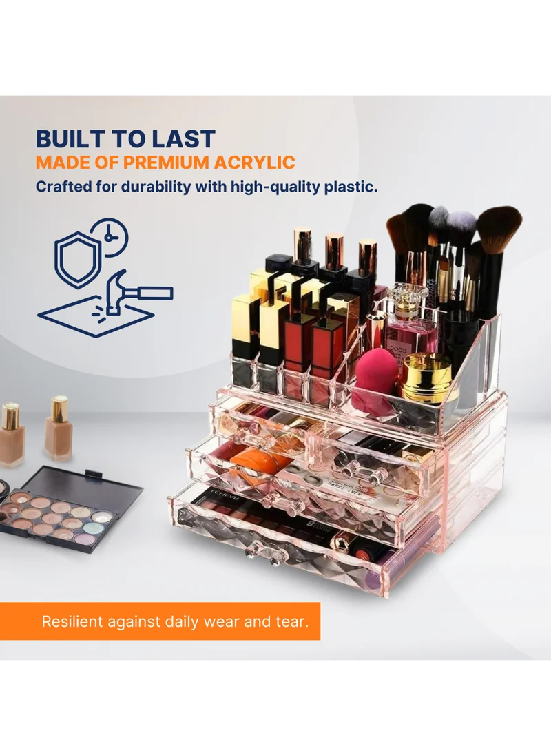 AC&L AC&L Makeup Organizer, Cosmetic Storage Display Box With 4 Drawers For Make Up, Brushes, Perfumes, Skincare, Acrylic Organizer Ideal For Vanity (Pink)