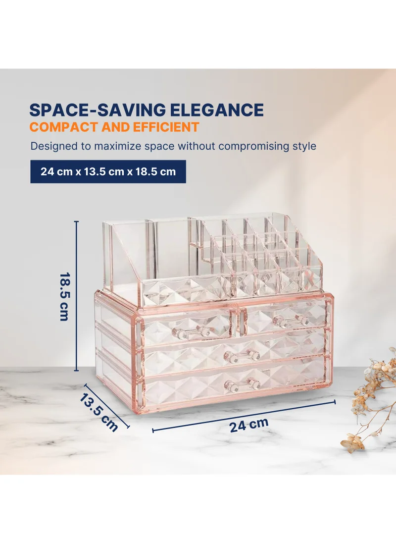 AC&L AC&L Makeup Organizer, Cosmetic Storage Display Box With 4 Drawers For Make Up, Brushes, Perfumes, Skincare, Acrylic Organizer Ideal For Vanity (Pink)