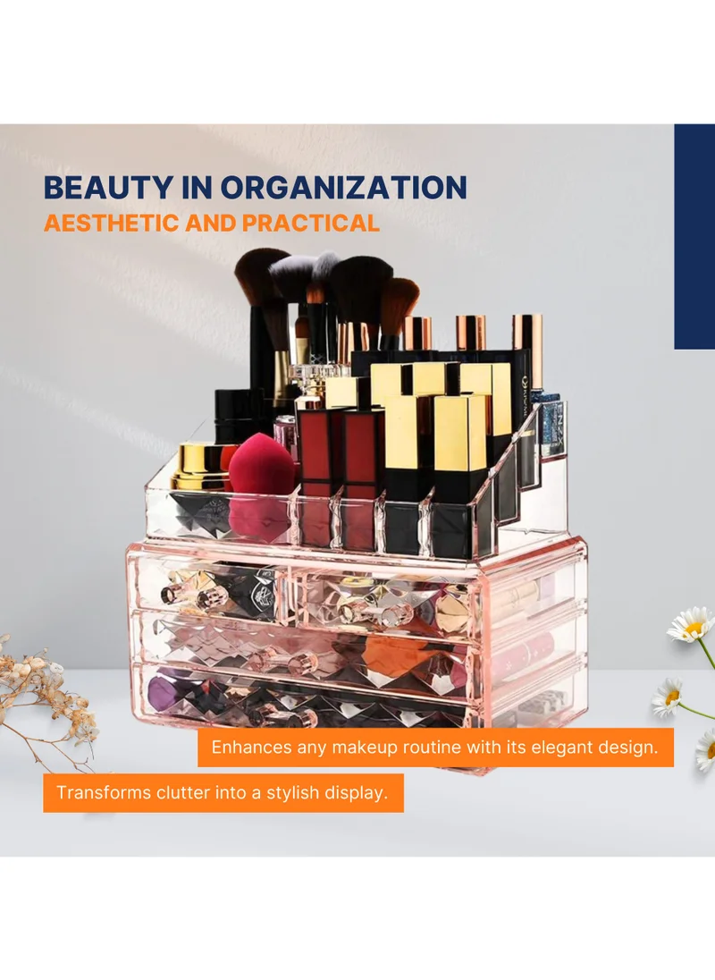AC&L AC&L Makeup Organizer, Cosmetic Storage Display Box With 4 Drawers For Make Up, Brushes, Perfumes, Skincare, Acrylic Organizer Ideal For Vanity (Pink)