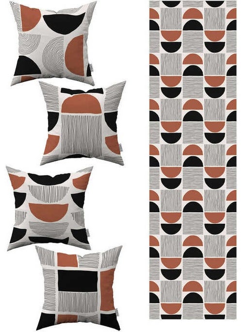 Brown Black Bohemian Scandinavian Patterned 4-Piece Throw Pillow Cover 1 Runner Set 4KMBS296-RS