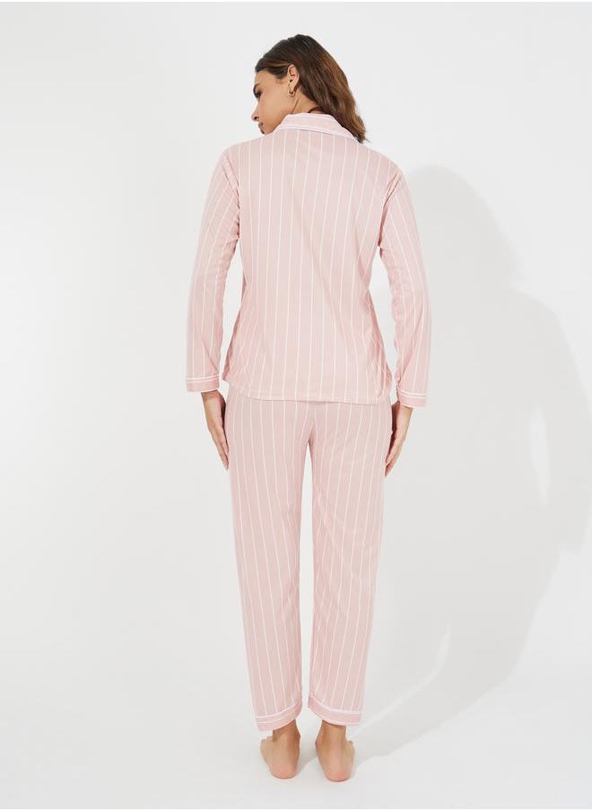 Styli - Striped Pocket Detail Shirt & Pyjama Set - Image 1