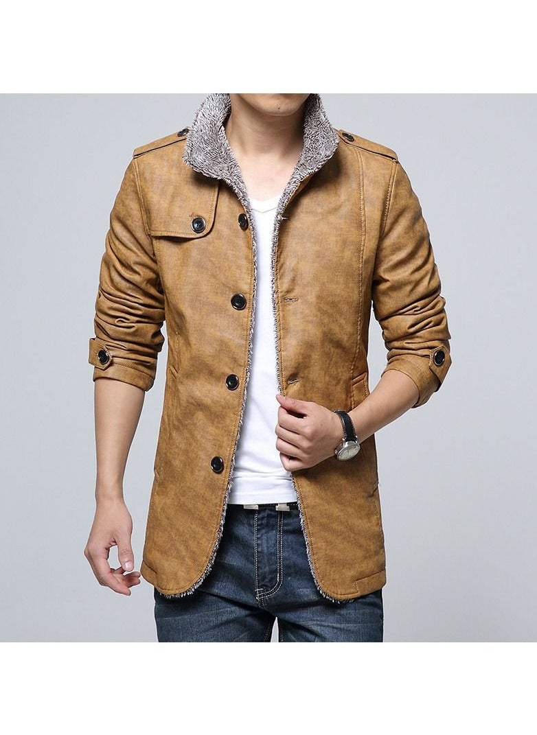 Loquat Men's Winter Lapel Leather Jacket Ochre 