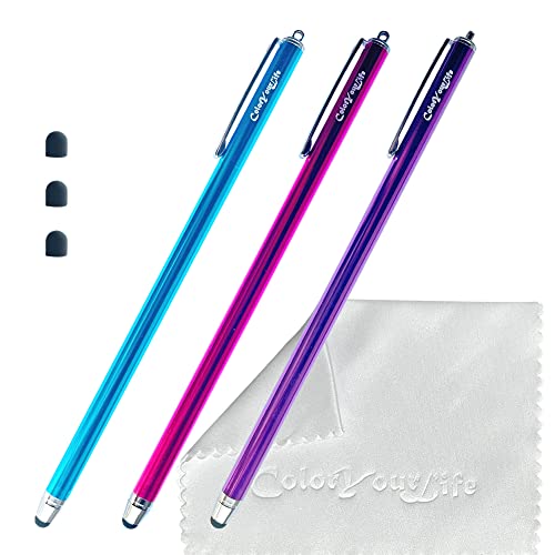 ColorYourLife Bundle of 3-Pack 7.3" Extra Long Thin Tip High Precision Universal Capacitive Stylus Pens for Touch Screens and Microfiber Cloth (Purple, Hot Pink, Blue) - Image 1