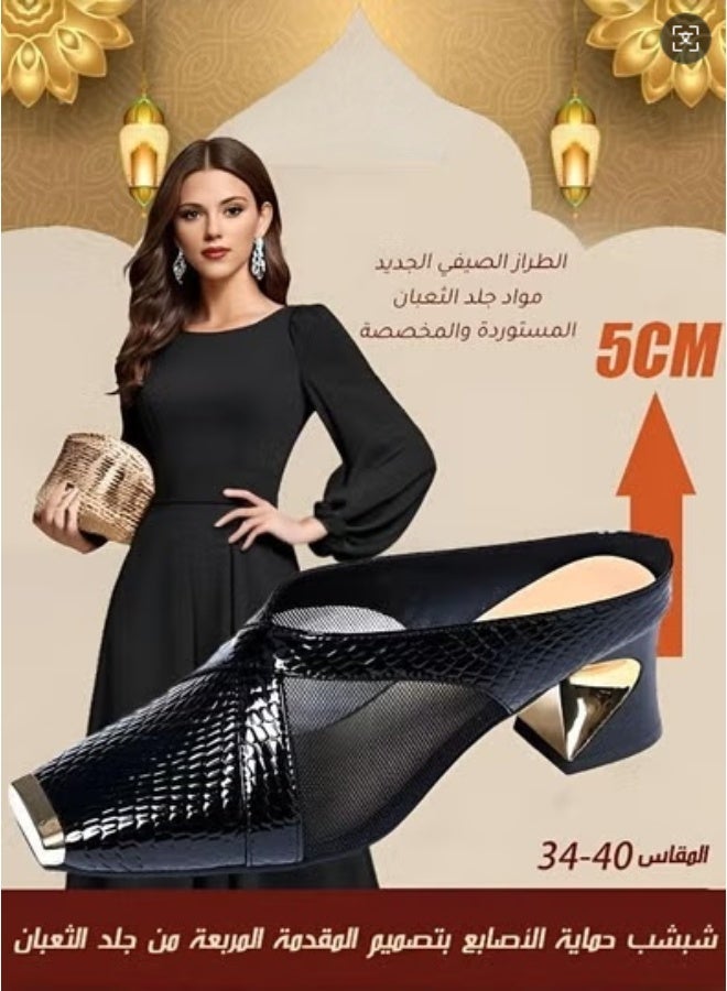 【Eid Gifting】Fashionable square-toe leather-textured high-heel slip-on sandals, ladies' sandals, women's high heels - Image 1