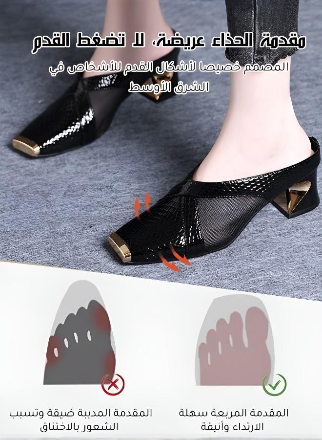 【Eid Gifting】Fashionable square-toe leather-textured high-heel slip-on sandals, ladies' sandals, women's high heels - Image 5