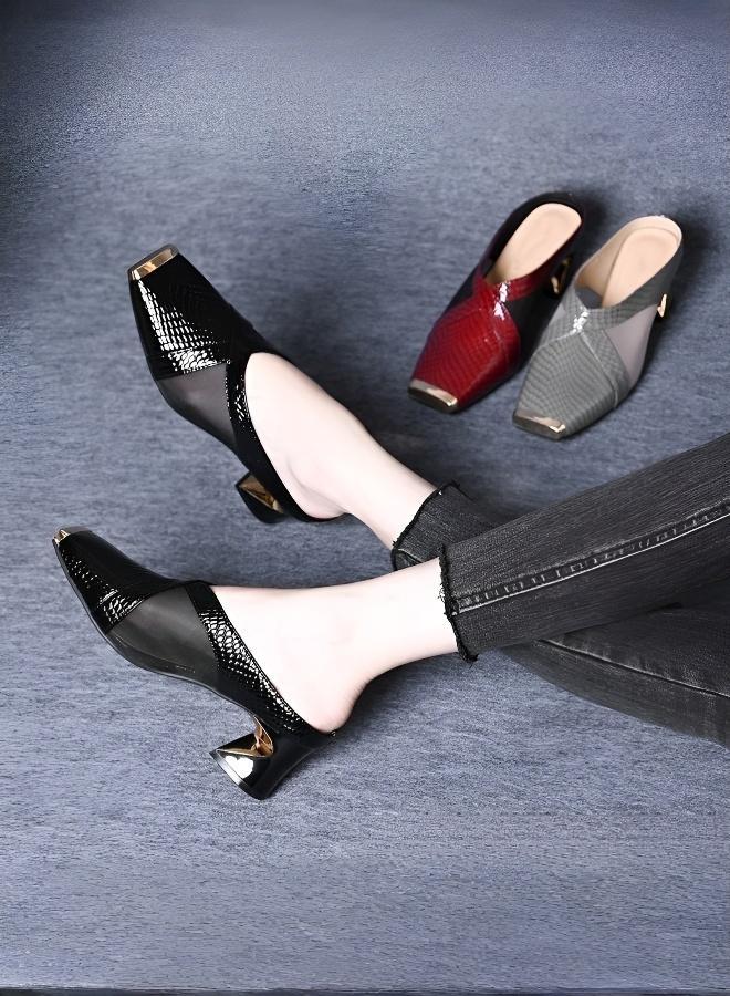 【Eid Gifting】Fashionable square-toe leather-textured high-heel slip-on sandals, ladies' sandals, women's high heels - Image 2