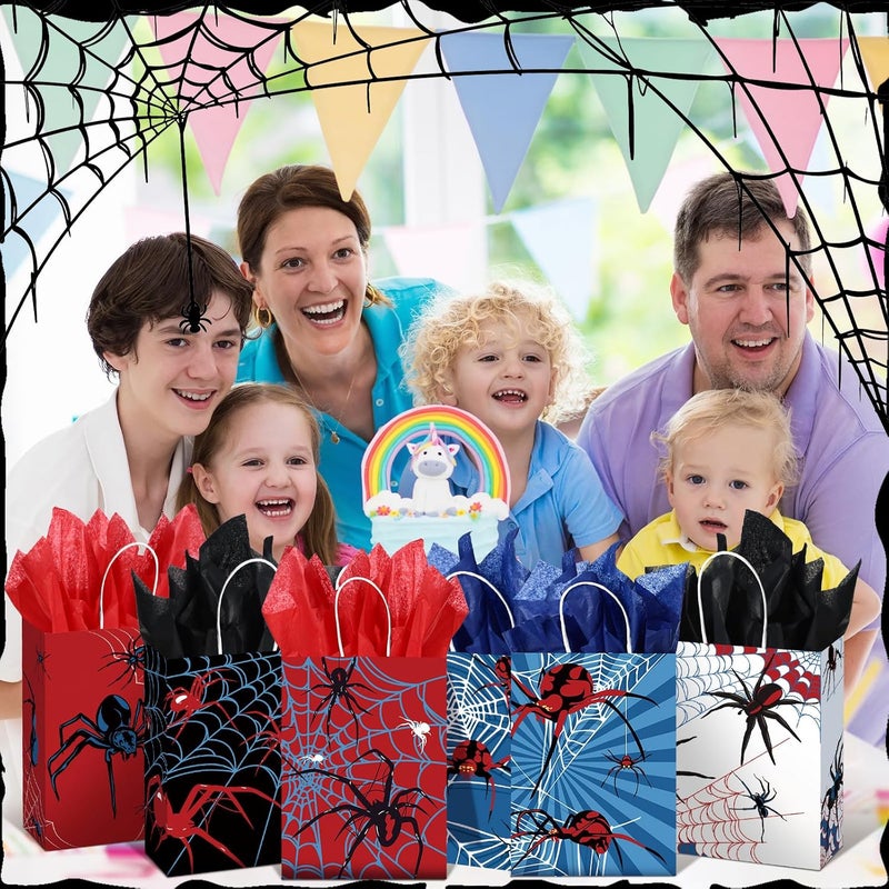 Epakh 24 Pcs Spider Gift Bags Medium Size with Tissue Paper Red Black Blue Wrapping Paper Gift Bags with Handles for Boys Men Birthday Holiday Presents - Image 2