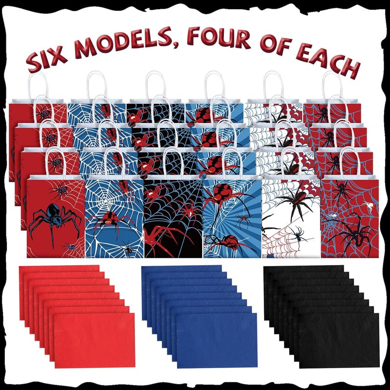 Epakh 24 Pcs Spider Gift Bags Medium Size with Tissue Paper Red Black Blue Wrapping Paper Gift Bags with Handles for Boys Men Birthday Holiday Presents - Image 4