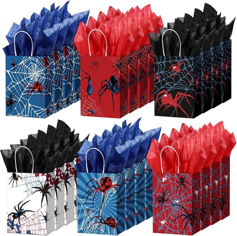 Epakh 24 Pcs Spider Gift Bags Medium Size with Tissue Paper Red Black Blue Wrapping Paper Gift Bags with Handles for Boys Men Birthday Holiday Presents - Image 1