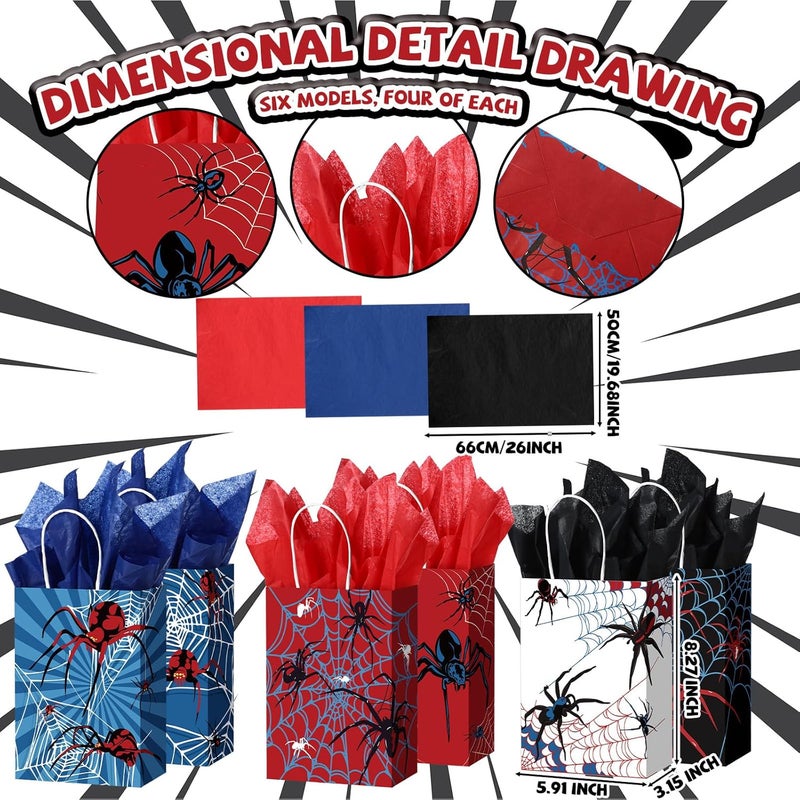 Epakh 24 Pcs Spider Gift Bags Medium Size with Tissue Paper Red Black Blue Wrapping Paper Gift Bags with Handles for Boys Men Birthday Holiday Presents - Image 3