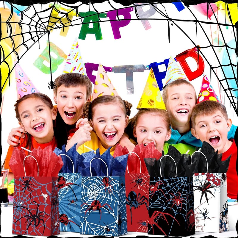 Epakh 24 Pcs Spider Gift Bags Medium Size with Tissue Paper Red Black Blue Wrapping Paper Gift Bags with Handles for Boys Men Birthday Holiday Presents - Image 5