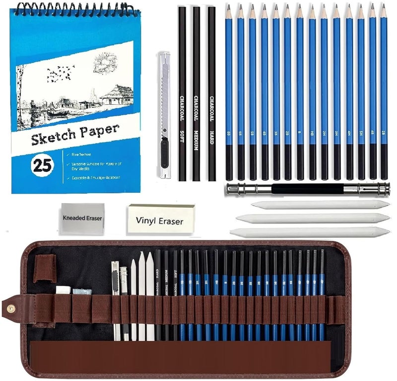 Corslet طقم أقلام رسم 30 قطعة مع دفتر رسم 25 ورقة مجموعة أدوات فنية للمبتدئين طقم رسم احترافي أقلام جرافيت وفحم طقم رسم مع أدوات دمج - Image 1