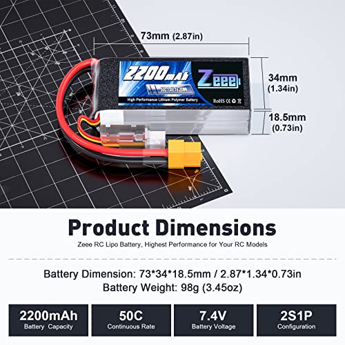 Zeee 2S Lipo Battery 2200mAh 7.4V 50C Shorty Pack Battery with XT60 Connector Soft Pack for 1/16 Slash RC Car RC Truck RC Helicopter Airplane Quadcopter Drone RC Boat Racing Models (2 Pack) - Image 2
