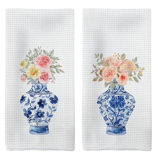 Tzhim Blue and White Porcelain Kitchen Towels Watercolor Floral Chinese Vase Hand Towels Vintage Preppy Dish Towels Dishcloths Tea Towels for Kitchen Chinoiserie Bathroom Decor Set of 2 16x24in