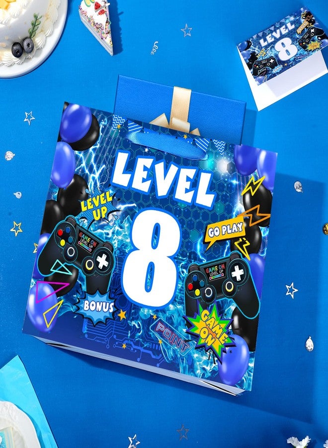 LUUFILx Video Game 8th Birthday Gift Bags Blue Gamer 8th Birthday Gift Wrapping Bag Swith Handle Gaming Level Up 8 Goody Bag with Tissue Paper and Greeting Card for Boys Girls 8 Years Old Party Decor - Image 2