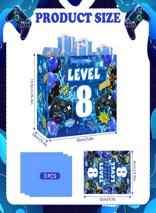 LUUFILx Video Game 8th Birthday Gift Bags Blue Gamer 8th Birthday Gift Wrapping Bag Swith Handle Gaming Level Up 8 Goody Bag with Tissue Paper and Greeting Card for Boys Girls 8 Years Old Party Decor - Image 3