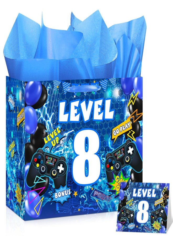 LUUFILx Video Game 8th Birthday Gift Bags Blue Gamer 8th Birthday Gift Wrapping Bag Swith Handle Gaming Level Up 8 Goody Bag with Tissue Paper and Greeting Card for Boys Girls 8 Years Old Party Decor - Image 1