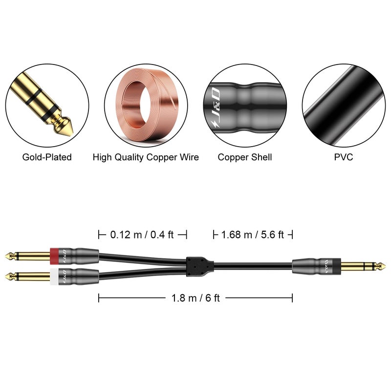 J&D 1/4 Inch TRS to Dual TS Cable, Gold Plated 6.35mm Stereo Male to 2 Mono Male Y Splitter Breakout Adapter for Audio Interface, Mixer, Studio Equipment, 6 Feet - Image 2