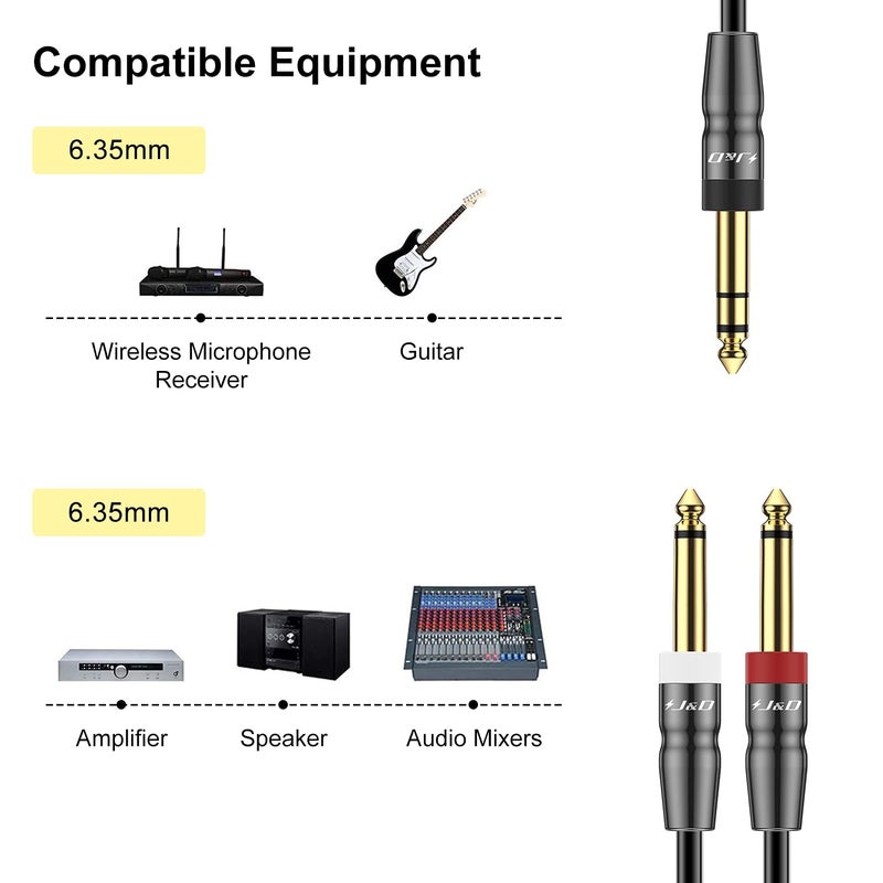J&D 1/4 Inch TRS to Dual TS Cable, Gold Plated 6.35mm Stereo Male to 2 Mono Male Y Splitter Breakout Adapter for Audio Interface, Mixer, Studio Equipment, 6 Feet - Image 4