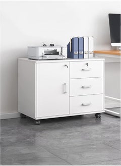 LEDIN Wooden Side Cabinet, Modern Storage Cabinet, Floor Document Cabinet with Wheels, Filing Cabinets, Office Cabinet with Lock (White, 60x34x59cm)  - Image 1
