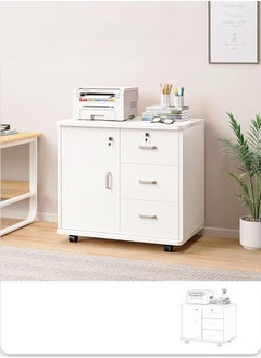 LEDIN Wooden Side Cabinet, Modern Storage Cabinet, Floor Document Cabinet with Wheels, Filing Cabinets, Office Cabinet with Lock (White, 60x34x59cm)  - Image 5