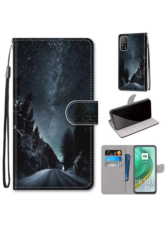 HuHa Case Cover For Xiaomi Mi 10T 5G / 10T Pro 5G / Redmi K30s Coloured Drawing Cross Texture Horizontal Flip PU Leather Case with Holder & Card Slots & Wallet & Lanyard Mountain Road Starry Sky 