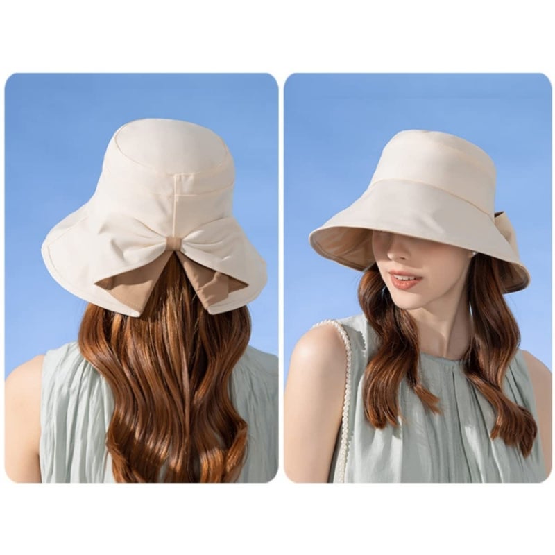 Qzkouma Womens Wide Brim Sun Hats UPF50+ UV Packable Beach Hat Summer Bow Decoration Bucket Cap for Travel Beige - Image 2