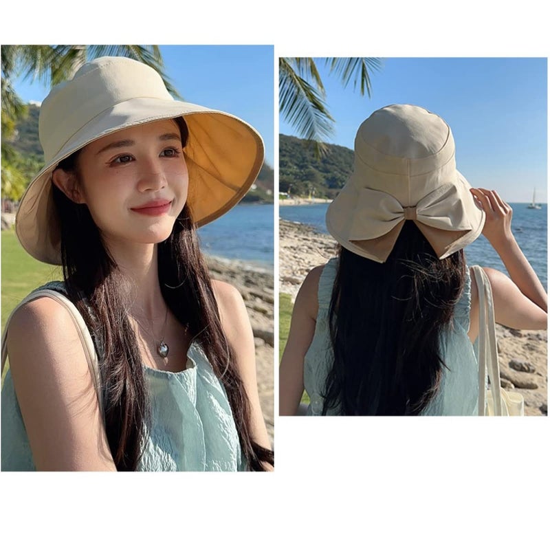 Qzkouma Womens Wide Brim Sun Hats UPF50+ UV Packable Beach Hat Summer Bow Decoration Bucket Cap for Travel Beige - Image 3