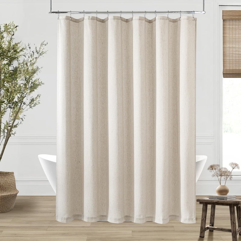 DUKIYO Extra Long Linen Shower Curtain 84 Inch Long Neutral Greige Tan Bath Shower Curtain Set with Hooks XLong Tall Country Farmhouse Boho Drapes for Bathroom  Greyish Beige  72x84 Drapes - Image 1