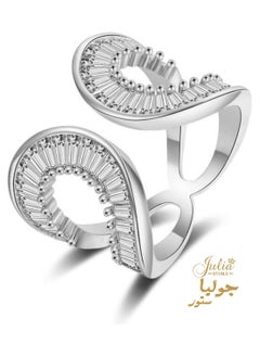 Julia Store Adjustable White Gold Plated CZ Open Baguette & Round Cut Diamond Like Cubic Zirconia Wide Open Band Stacking Finger Rings Minimalist Cute Statement Ring  - Image 1