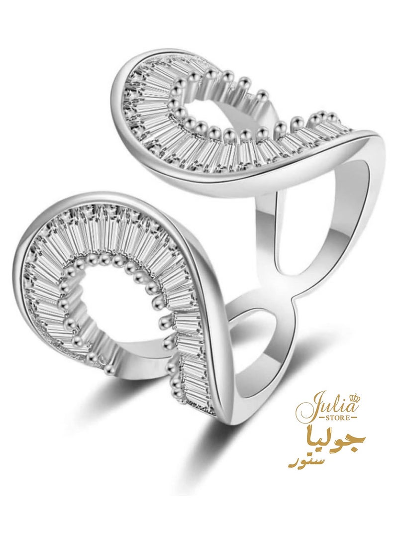 Julia Store Adjustable White Gold Plated CZ Open Baguette & Round Cut Diamond Like Cubic Zirconia Wide Open Band Stacking Finger Rings Minimalist Cute Statement Ring  - Image 1