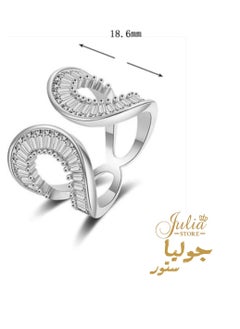 Julia Store Adjustable White Gold Plated CZ Open Baguette & Round Cut Diamond Like Cubic Zirconia Wide Open Band Stacking Finger Rings Minimalist Cute Statement Ring  - Image 2