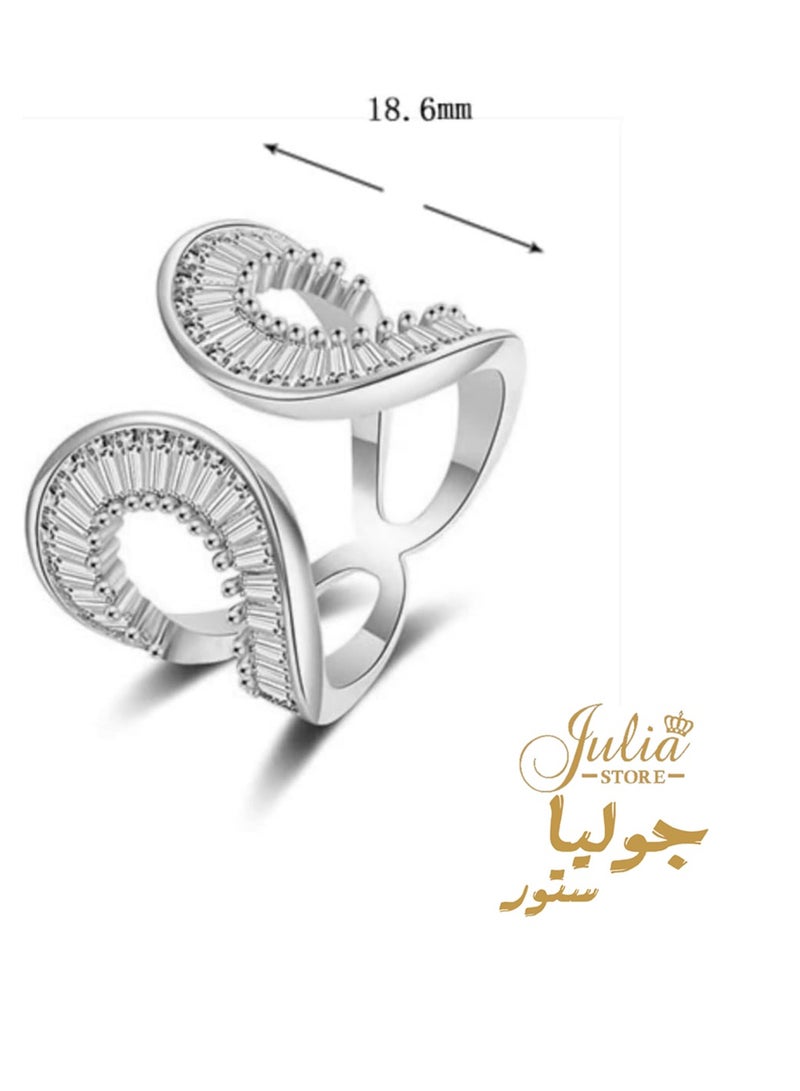 Julia Store Adjustable White Gold Plated CZ Open Baguette & Round Cut Diamond Like Cubic Zirconia Wide Open Band Stacking Finger Rings Minimalist Cute Statement Ring  - Image 2